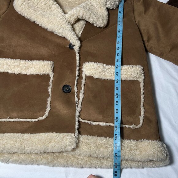 Zara Double Faced Coat Boxy Patch Pockets Faux Sherpa Faux Suede Brown S - Picture 10 of 16